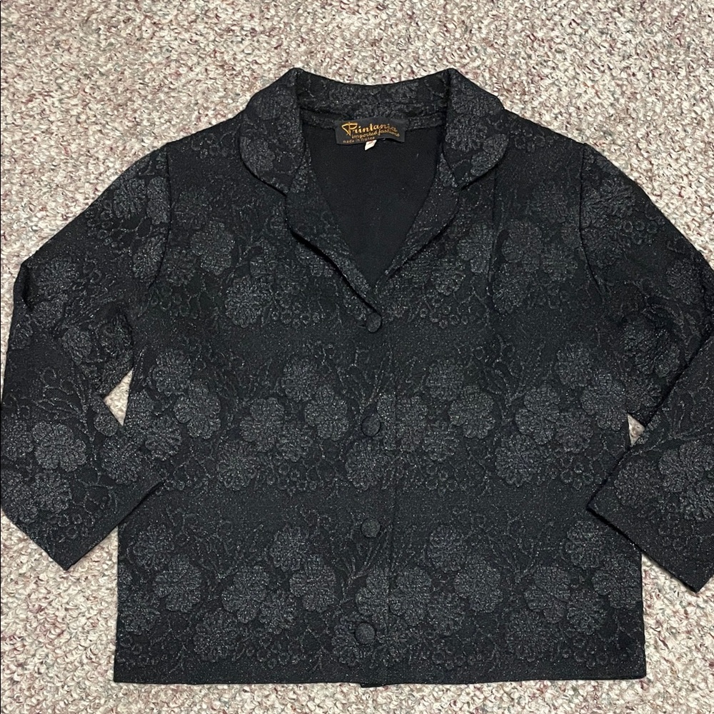 Vintage 50s made in France Black Floral metallic thread Textured blazer Jacket